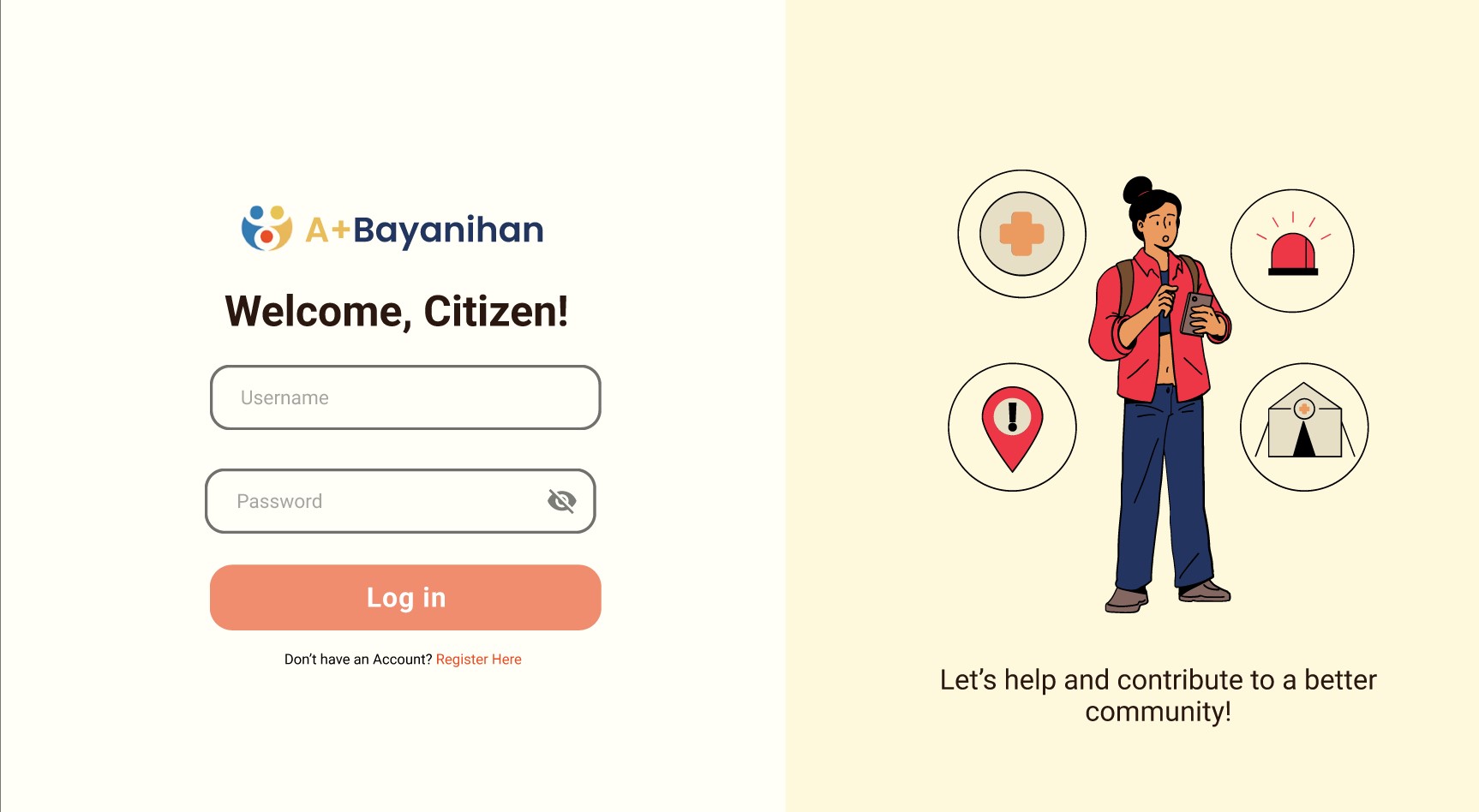 A+ Bayanihan community platform login screen