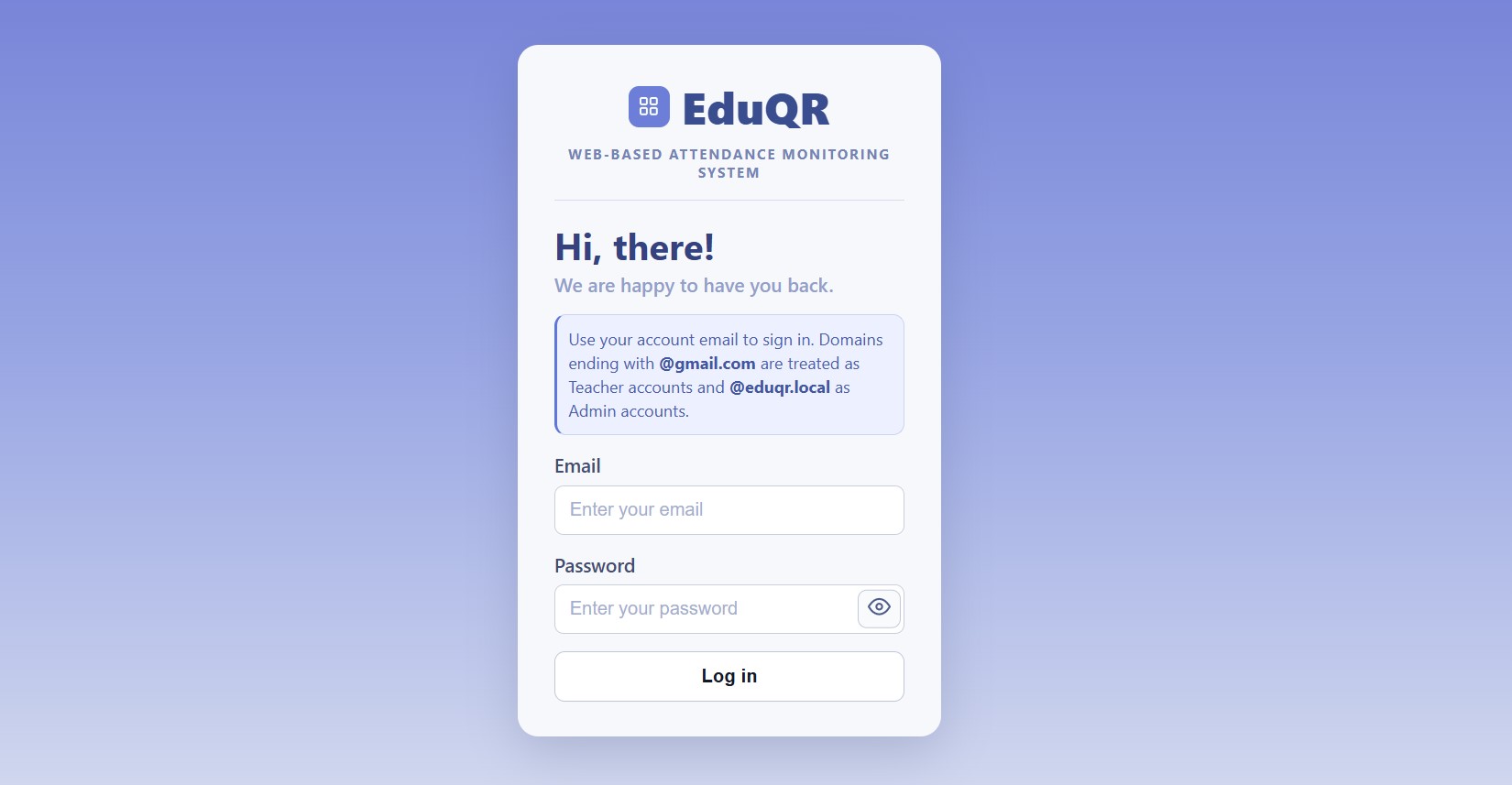 EduQR web-based attendance monitoring system login screen