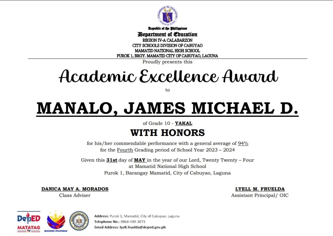 Academic excellence achievement of James Michael D. Manalo