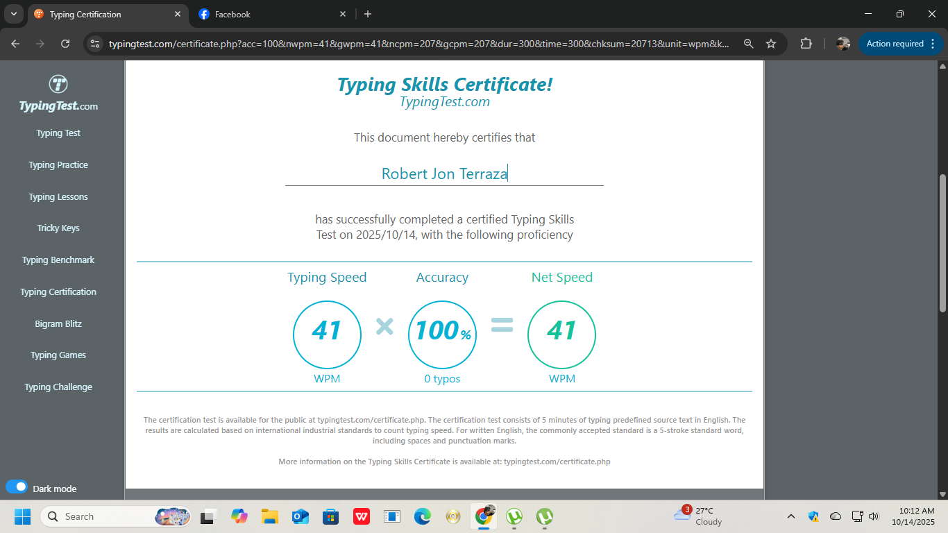 Achievement image for Member 3, typing skill certification